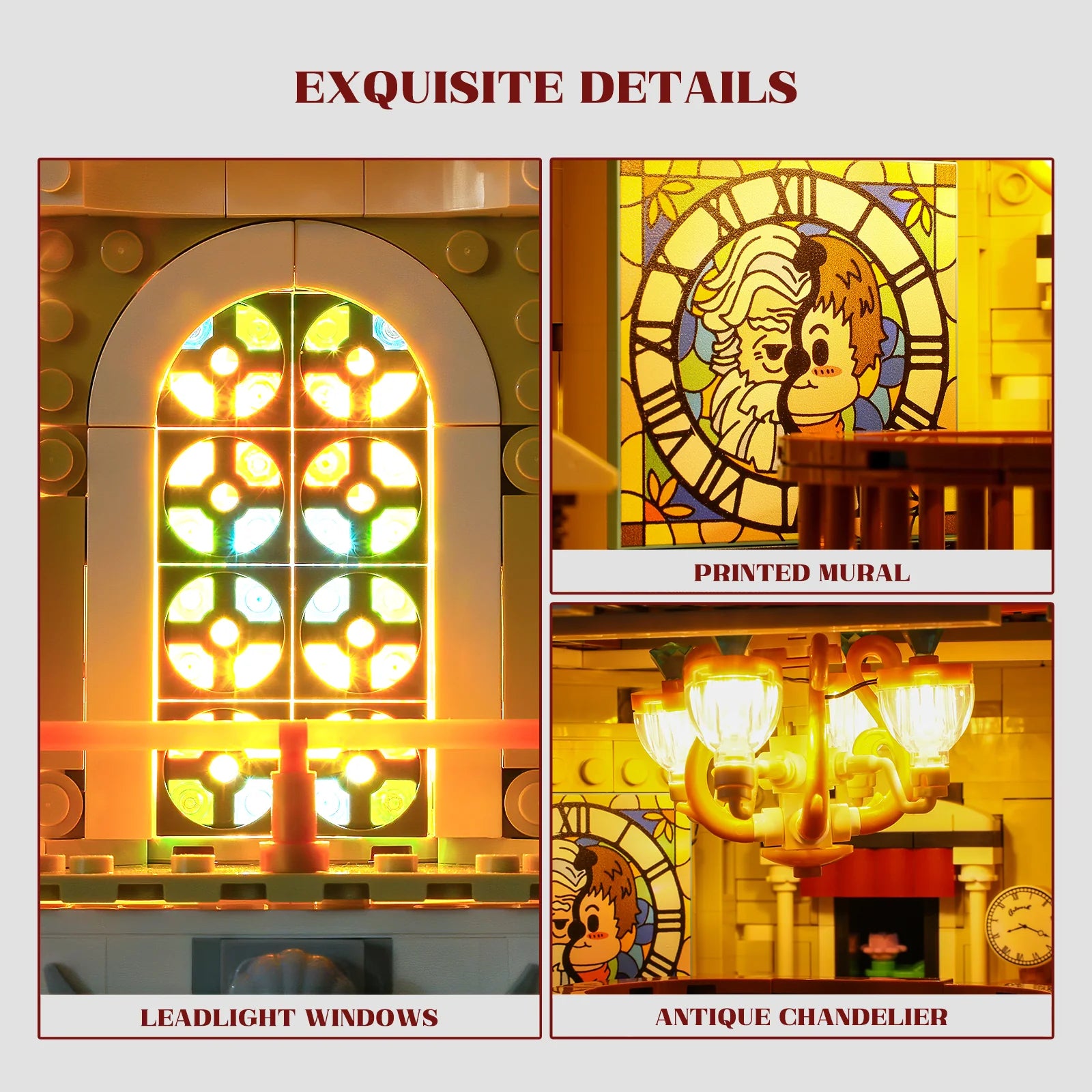 Close-up of Funwhole Antique Store details, featuring leadlight windows, antique chandelier, and a printed mural design.