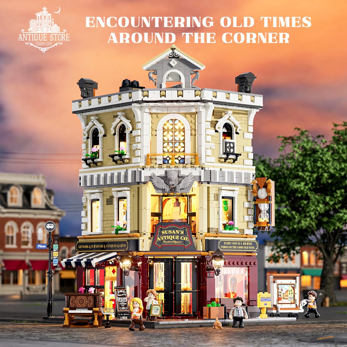 Funwhole Antique Store building set with vintage design, LED lights, and intricate details for a nostalgic town life experience.