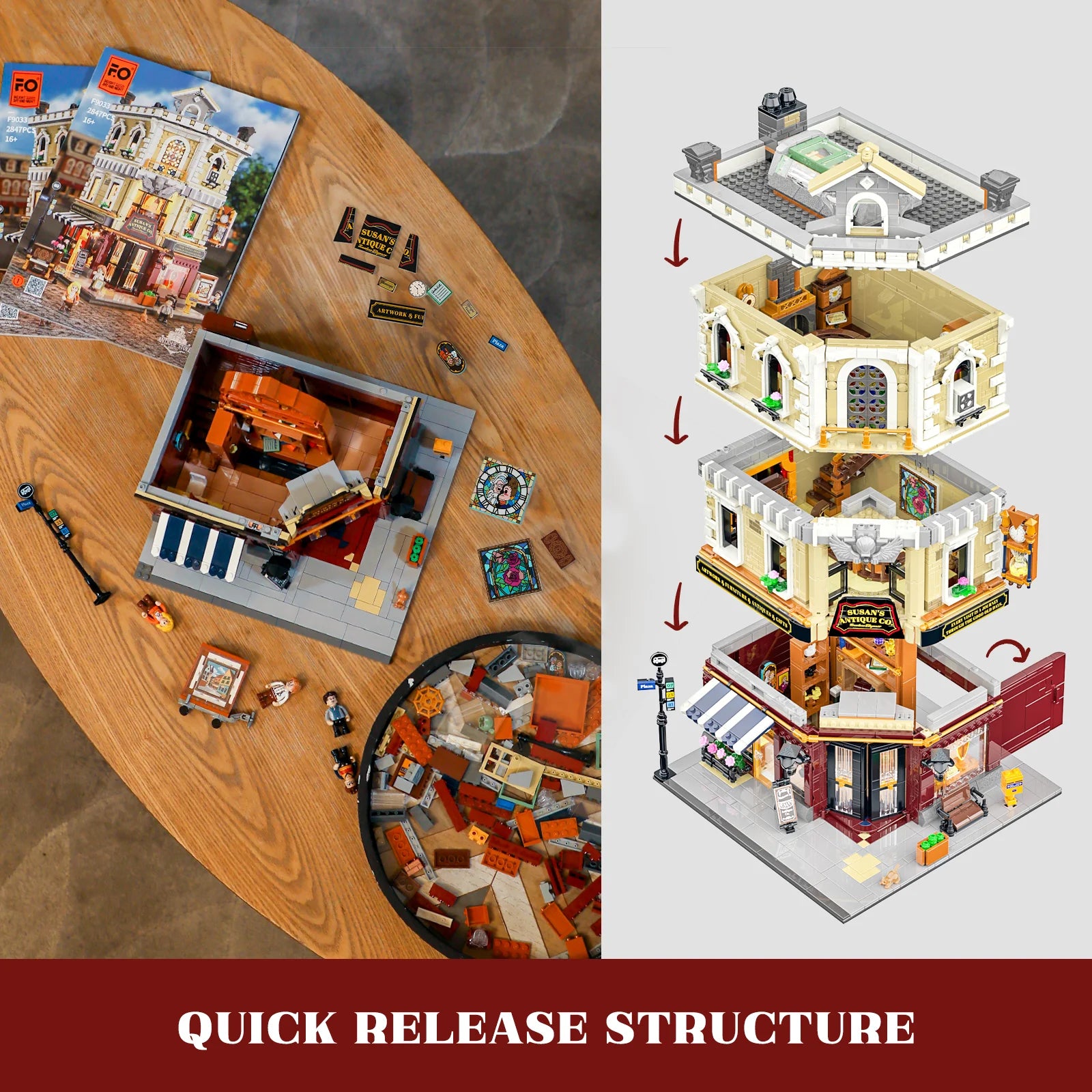 Funwhole Antique Store set showcasing a modular quick-release structure for easy assembly and detailed interior exploration.