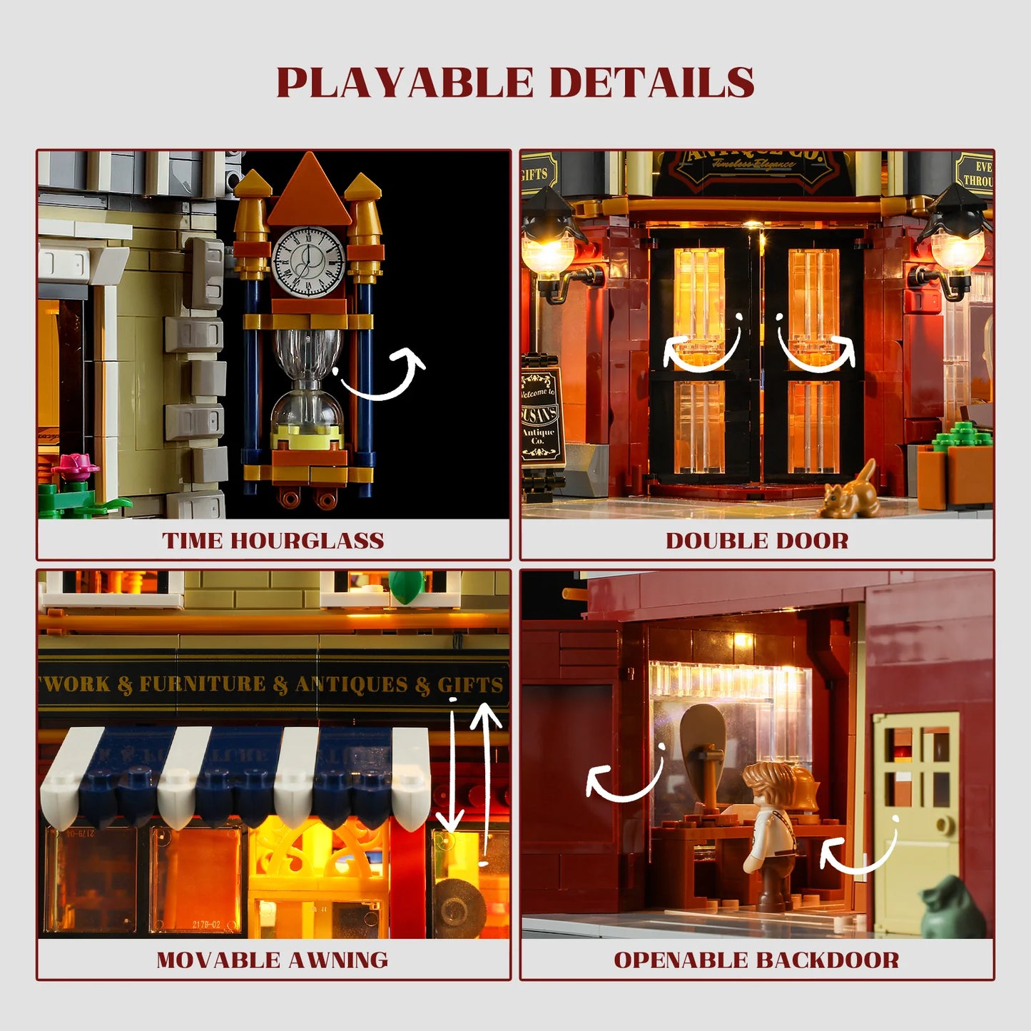 Funwhole Antique Store showcasing playable details, including a time hourglass, double doors, movable awning, and openable backdoor.