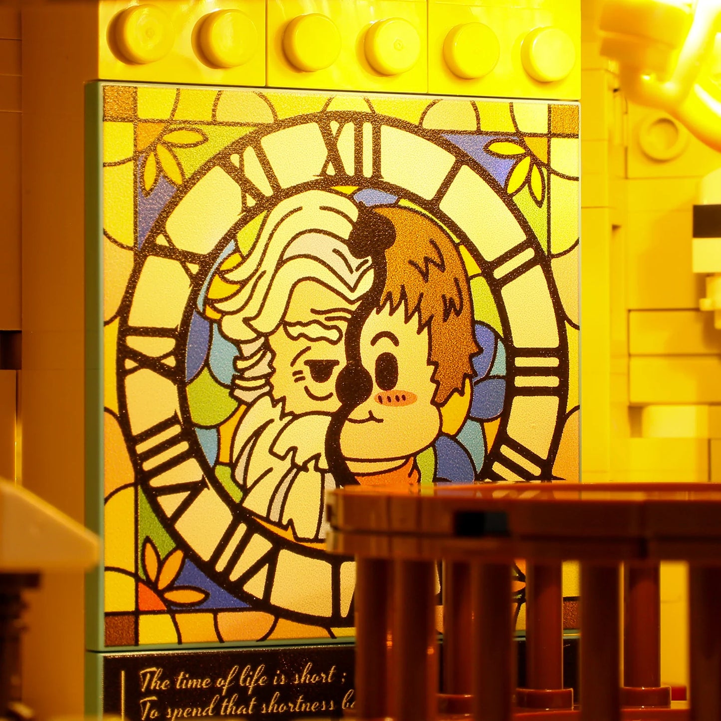 Funwhole Antique Store stained glass artwork depicting a split-face clock with young and old figures, glowing under warm lighting.