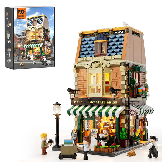 Funwhole Book Cafe building set with LED lights, a cozy bookstore, coffee shop, detailed decor, and mini-figures in a Parisian scene.