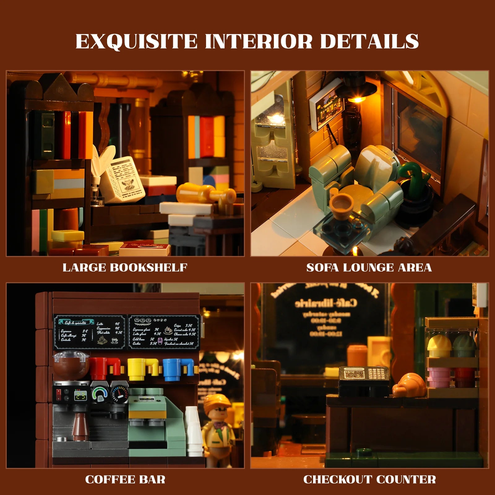 Funwhole Book Cafe set featuring a coffee bar, large bookshelf, cozy sofa lounge, and checkout counter with intricate details.