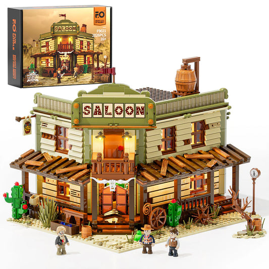 Funwhole F9021 Western Saloon set with box, modular saloon building, illuminated sign, minifigures, and rustic Old West details