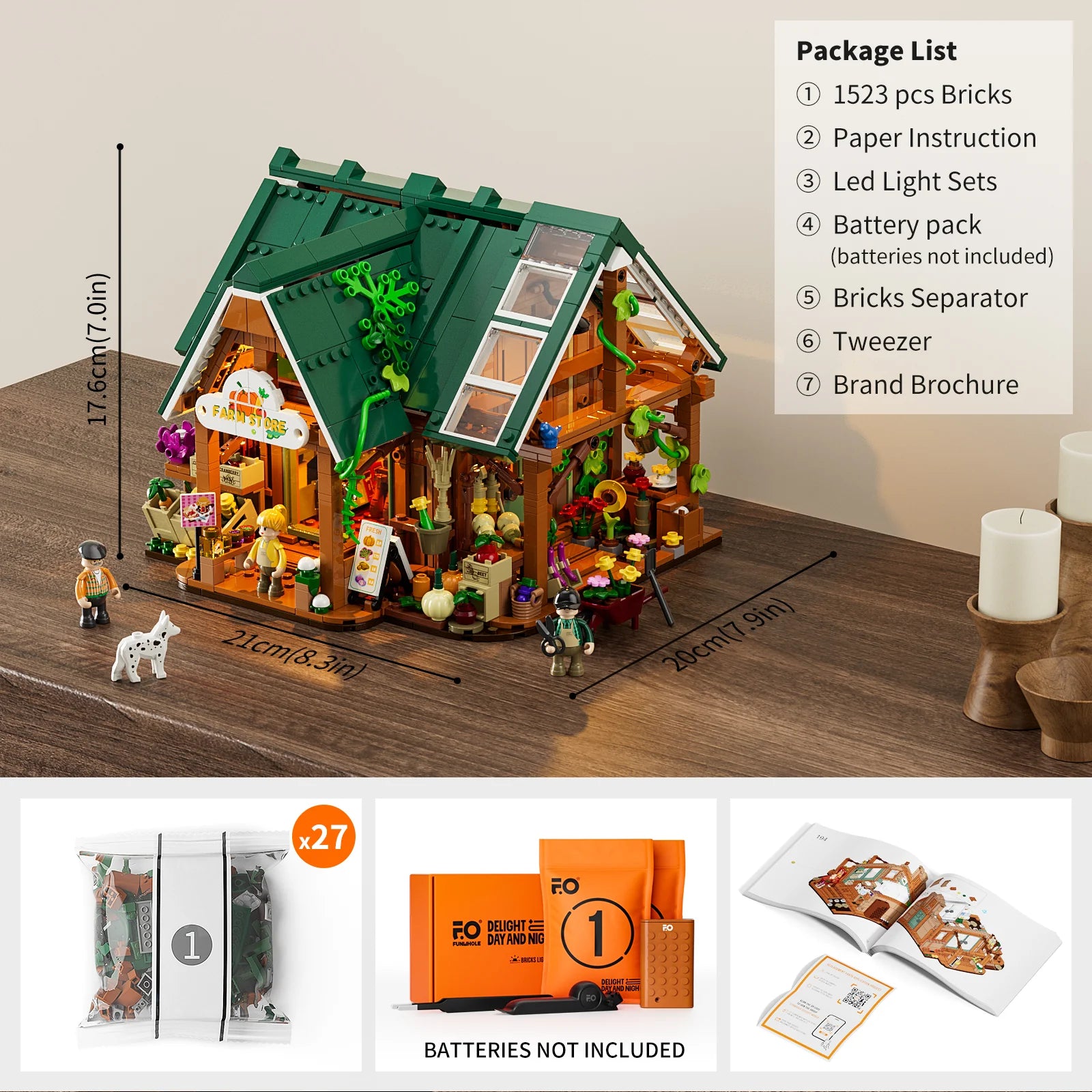 Funwhole Farm Store building set package list, dimensions, brick bags, LED light set, instruction manual, and accessories.