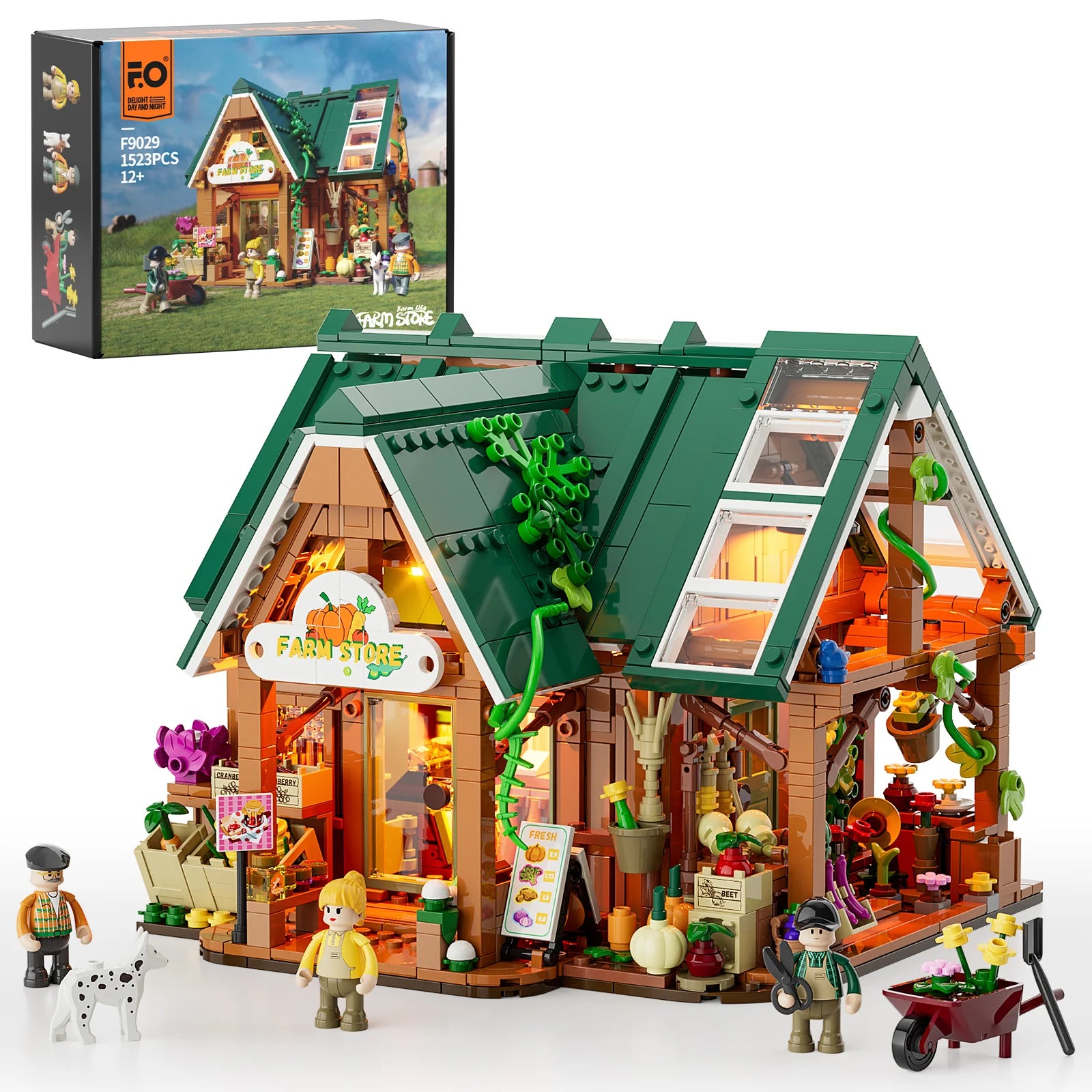 Funwhole Farm Store building set with detailed exterior, LED lights, farm produce, and minifigures for a rustic countryside scene.
