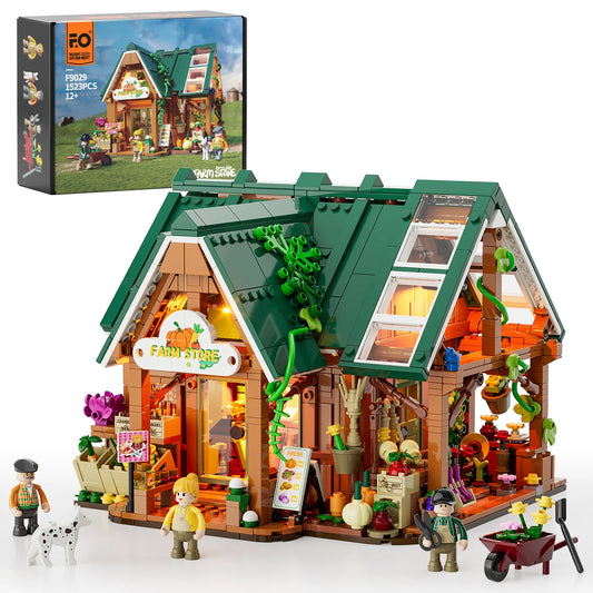 Funwhole Farm Store building set with detailed exterior, LED lights, farm produce, and minifigures for a rustic countryside scene.
