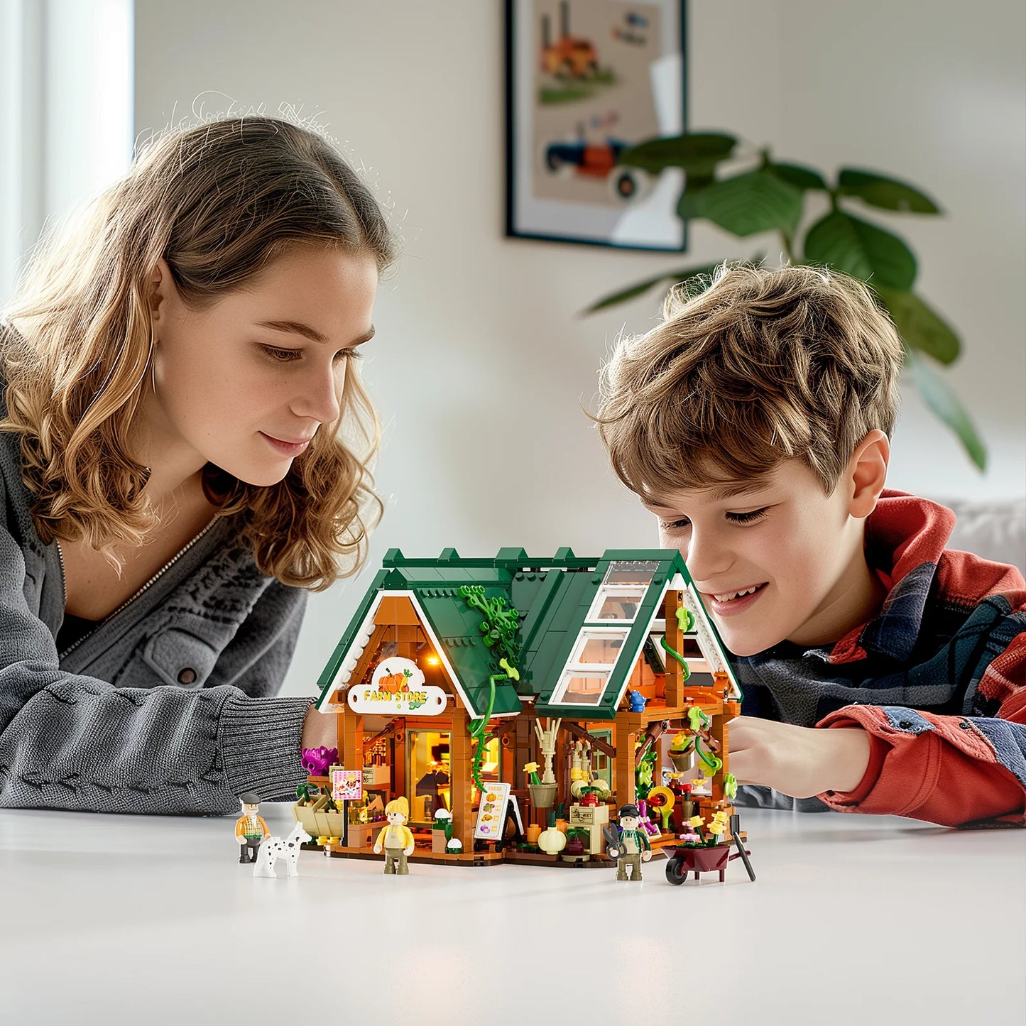 Family enjoying the Funwhole Farm Store building set with mini figures, farm accessories, and detailed interior design.
