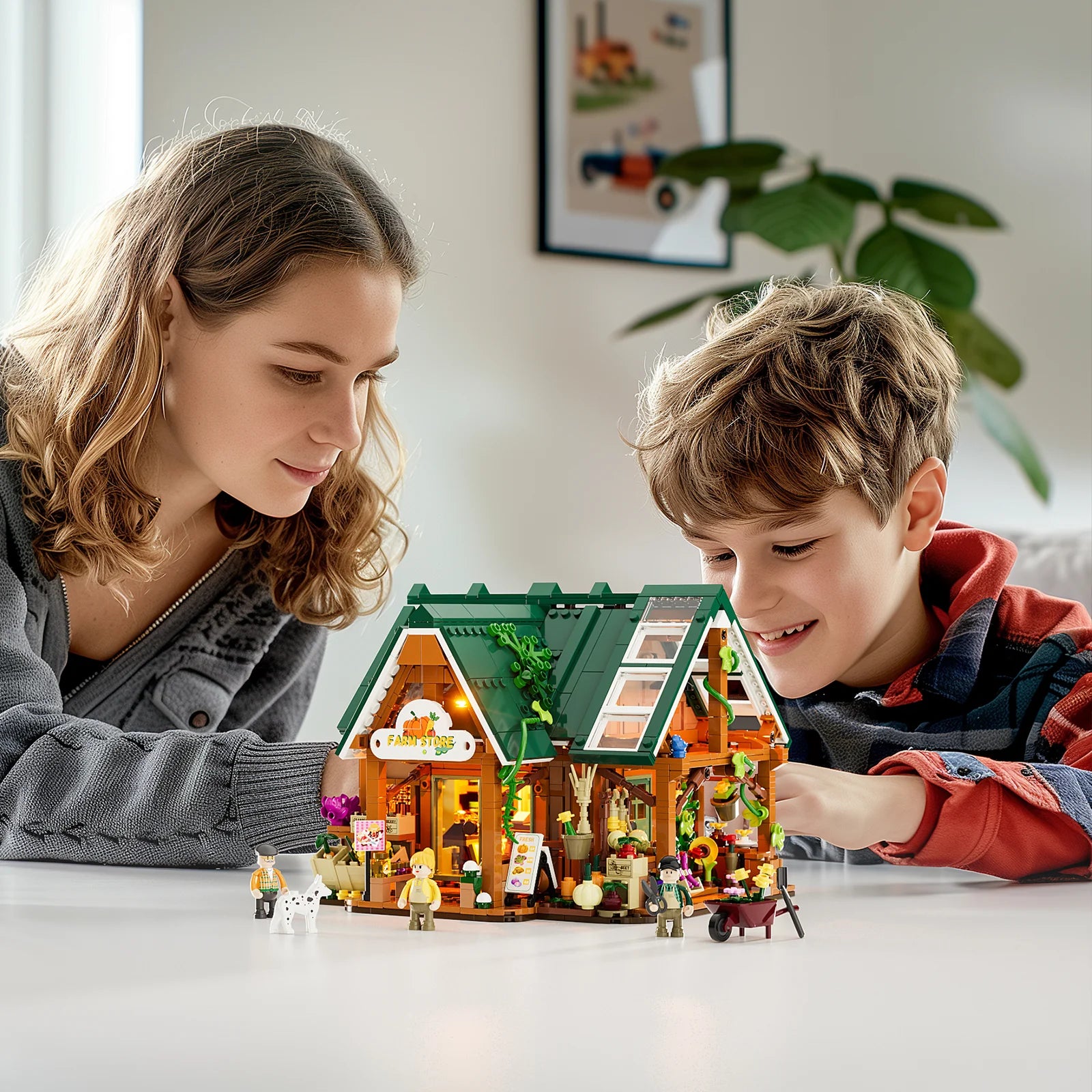Family enjoying the Funwhole Farm Store building set with mini figures, farm accessories, and detailed interior design.