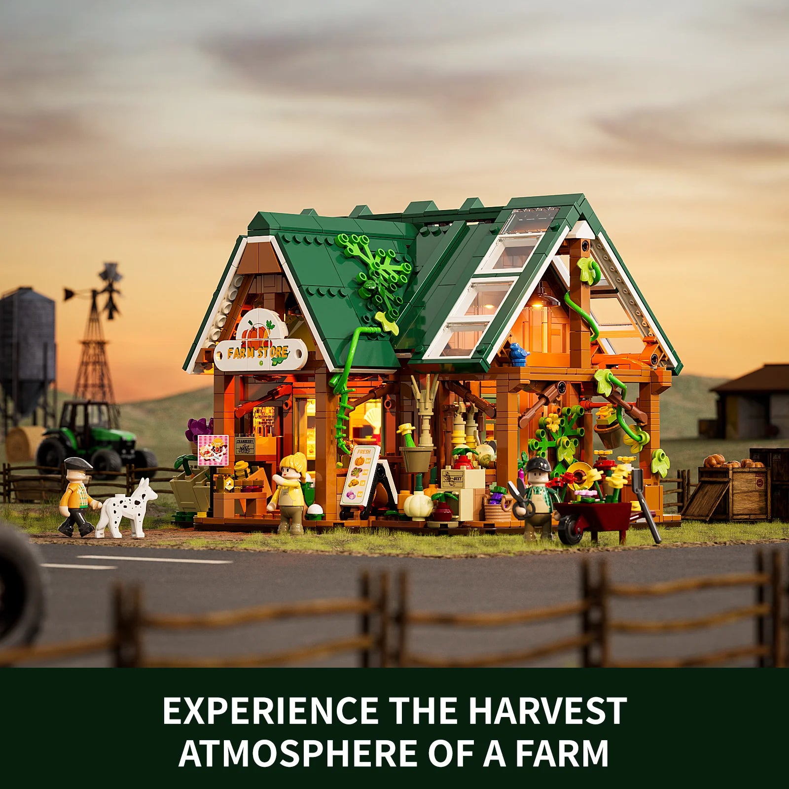 Funwhole Farm Store building set with rustic harvest theme, LED lights, mini-figures, and detailed farm accessories at sunset.