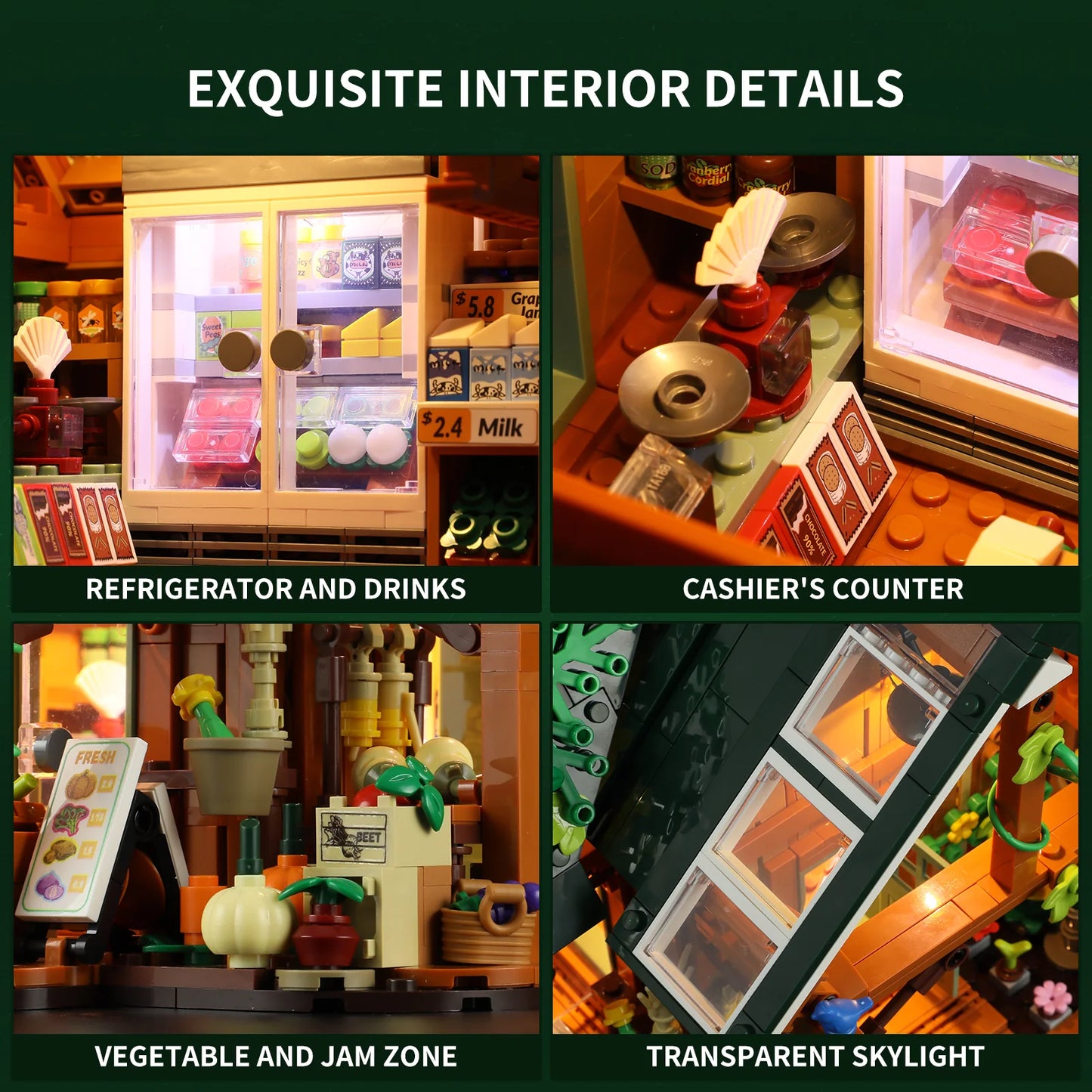 Funwhole Farm Store set interior showing refrigerator, cashier’s counter, vegetable and jam section, and transparent skylight.
