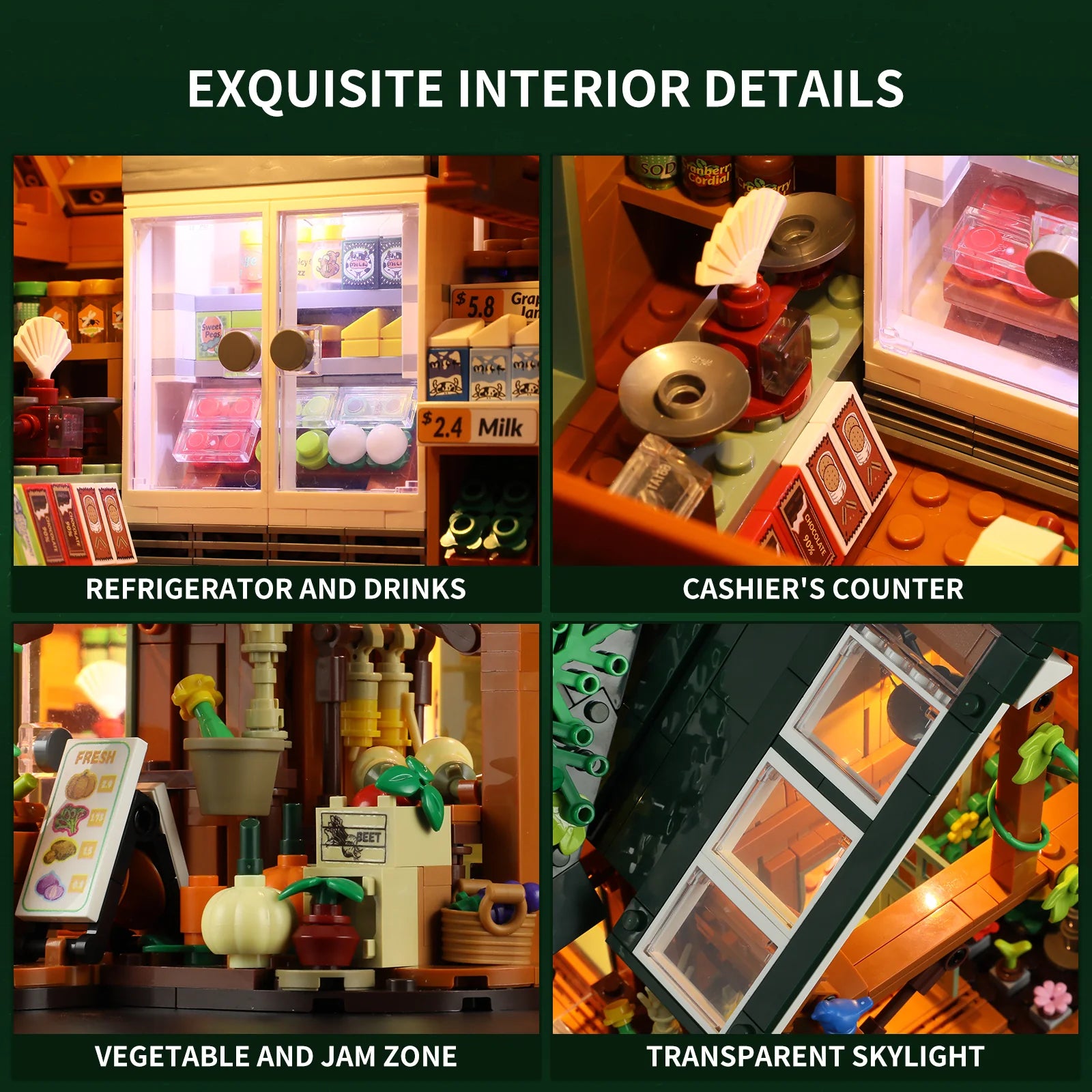 Funwhole Farm Store set interior showing refrigerator, cashier’s counter, vegetable and jam section, and transparent skylight.