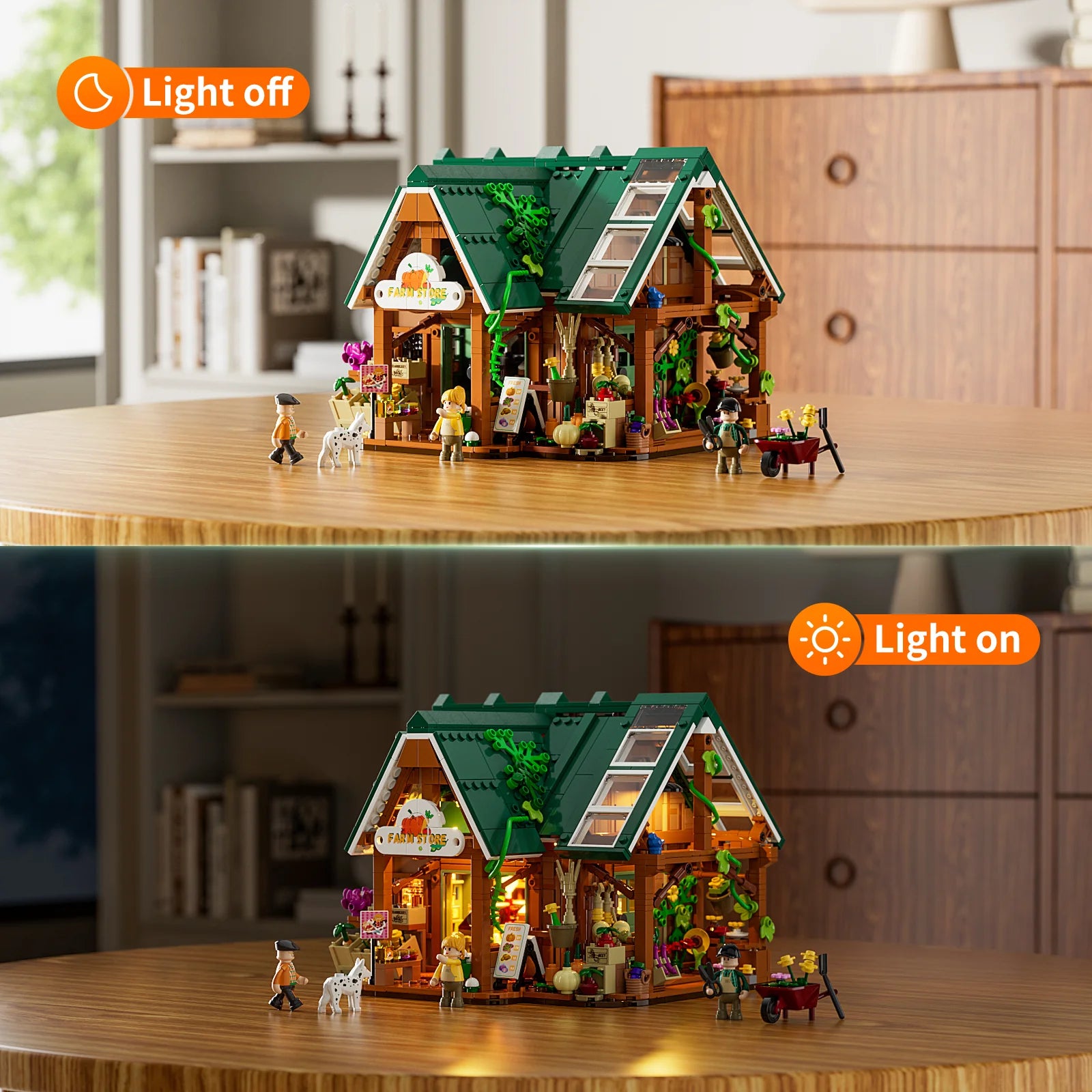 Funwhole Farm Store building set displayed with LED lights on and off, showcasing cozy illuminated details and realistic design.