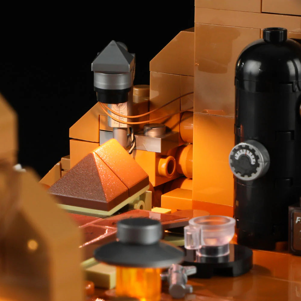 Close-up of Funwhole Hunting Cabin set featuring rooftop details, chimney, lantern, and rustic accessories for a cozy ambiance