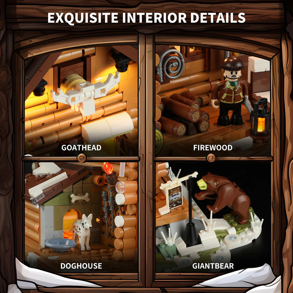 Funwhole Hunting Cabin set showcases interior details like goathead decor, firewood storage, a cozy doghouse, and a bear figure