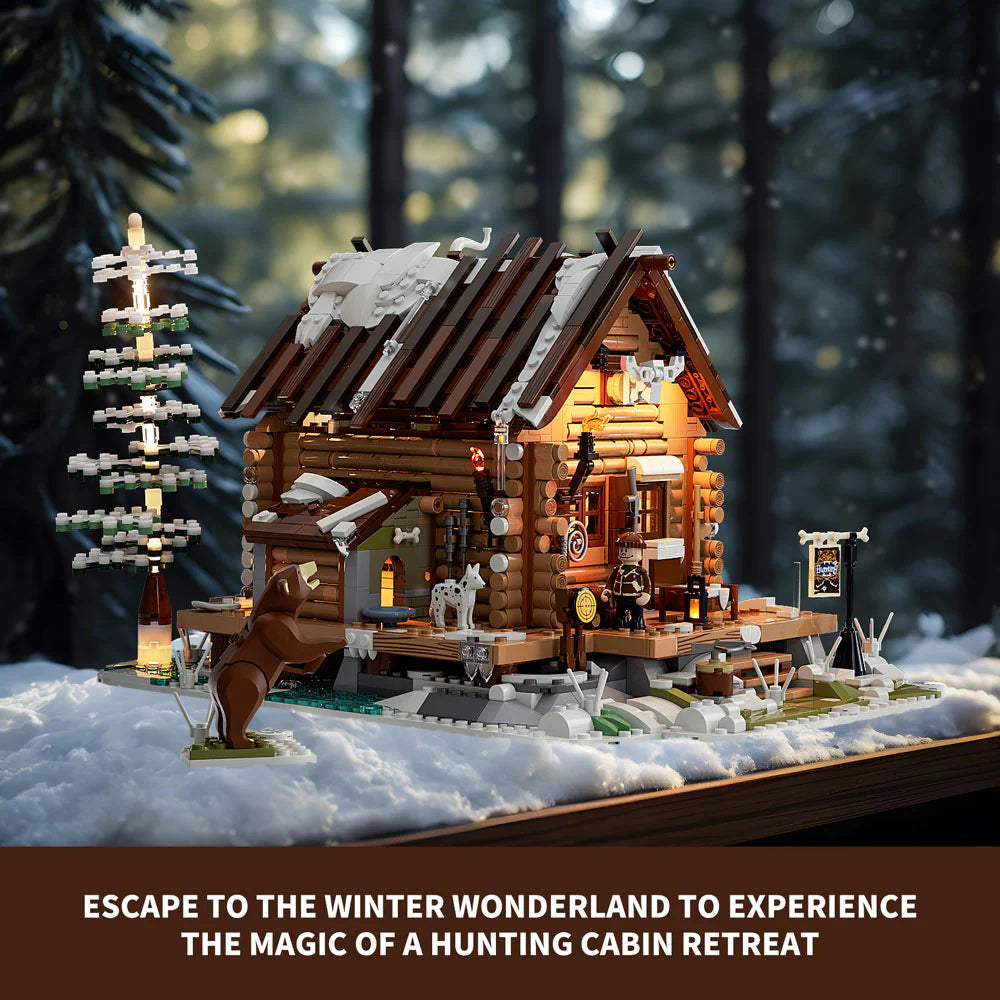 Funwhole Hunting Cabin set in a snowy forest, featuring a cozy winter lodge, LED lights, and mini-figures for immersive play