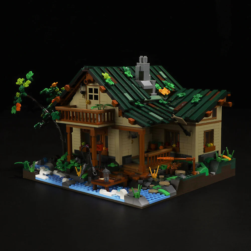 Funwhole Lakeside Lodge set in a dimly lit setting, highlighting the intricate details of the cozy cabin and its surrounding nature