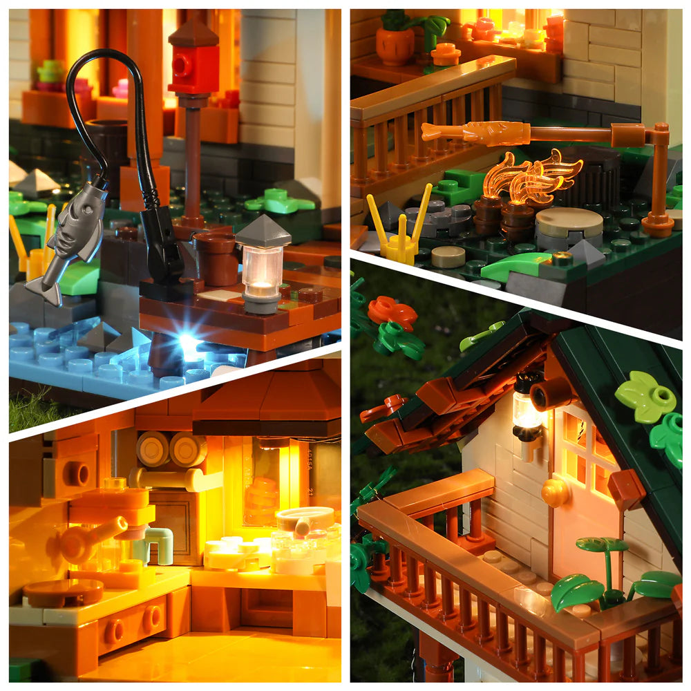 Close-up shots of Funwhole Lakeside Lodge set, showcasing fishing area, outdoor firepit, kitchen, and balcony with LED lighting
