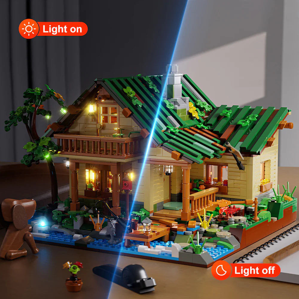 Funwhole Lakeside Lodge set showcasing LED lights on and off, highlighting detailed design and cozy atmosphere