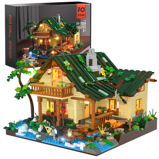 Funwhole Lakeside Lodge set with 1969 bricks and LED lights, featuring a cozy riverside cabin with nature-inspired details