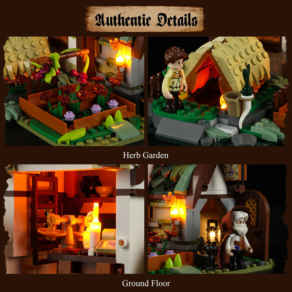 Funwhole Medieval Apothecary Shop set highlighting herb garden, tent, and detailed ground floor with medieval decor