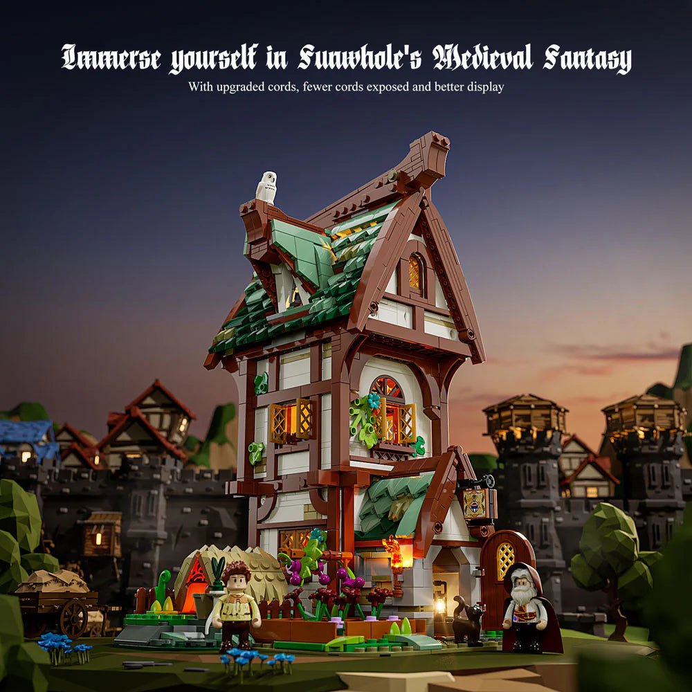 Funwhole Medieval Apothecary Shop set with intricate details, LED lights, and enchanting medieval village ambiance