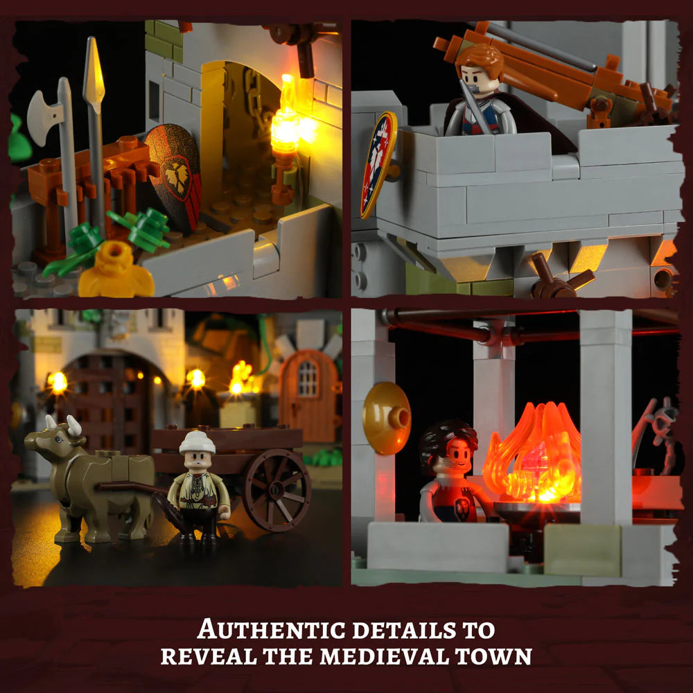 Funwhole Medieval Watchtower set showcasing authentic medieval details, LED torches, knights, and a realistic castle scene