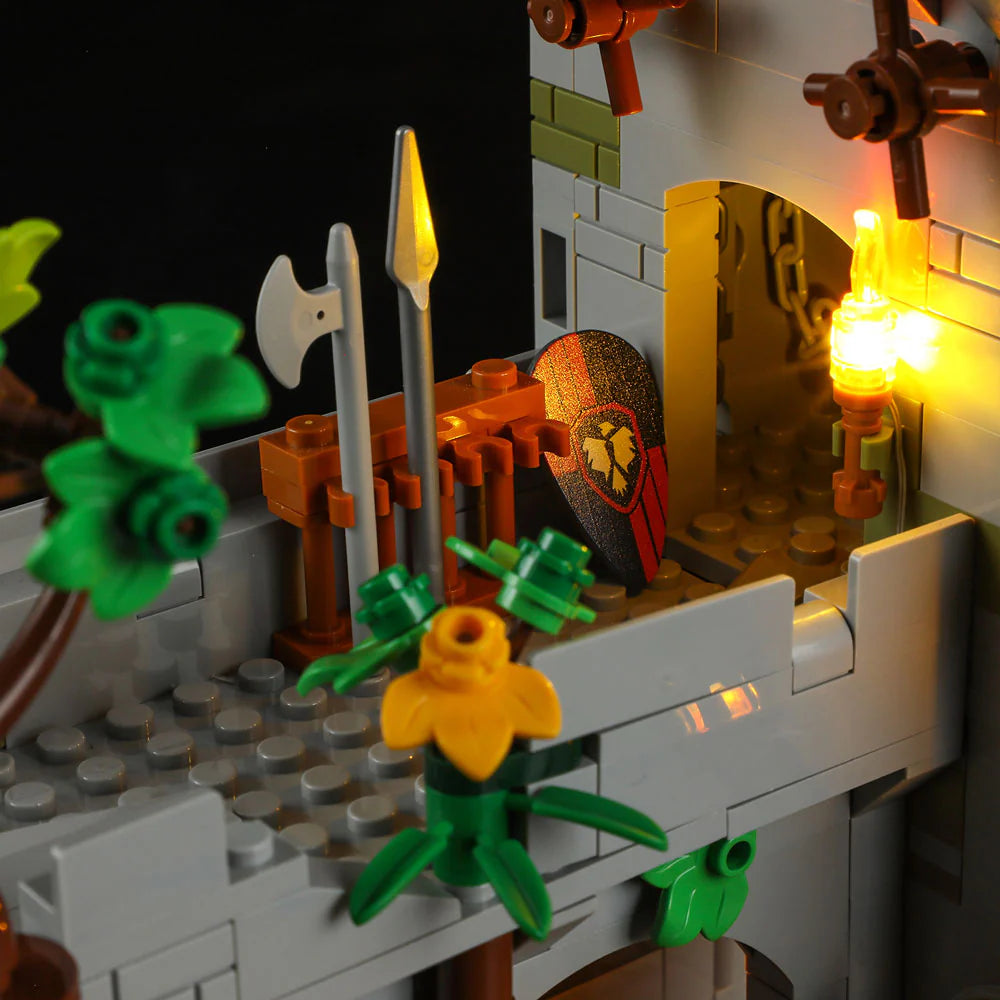 Funwhole Medieval Watchtower Set F9027 – Armory with spears, axe, shield, and glowing torch on the castle wall for battle readiness
