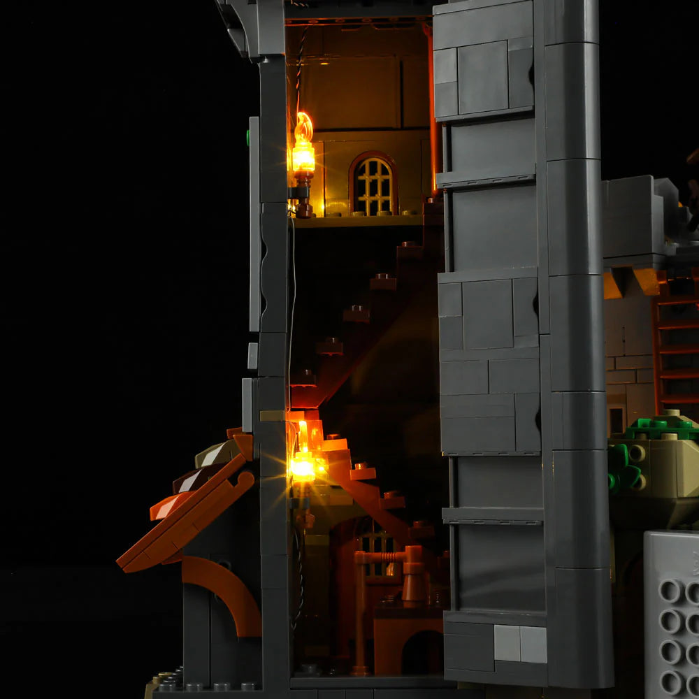 Funwhole Medieval Watchtower Set F9027 – Detailed illuminated interior with staircase, torches, and medieval architectural design