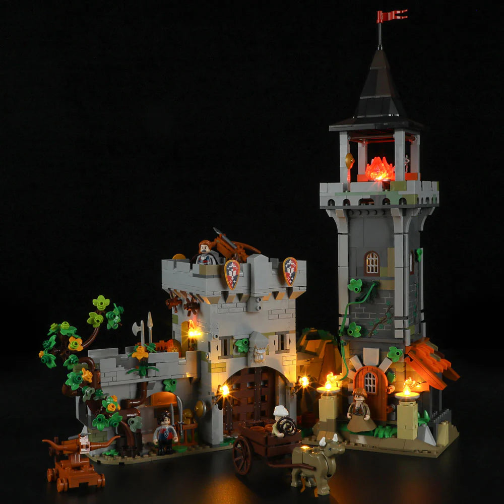Funwhole Medieval Watchtower Set F9027 – A 1625-piece medieval-themed building set with a castle gate, minifigures, and LED lights