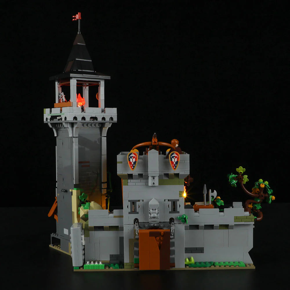 Funwhole Medieval Watchtower Set F9027 – Rear view of LED-lit medieval fortress with tower, castle walls, and intricate stone details