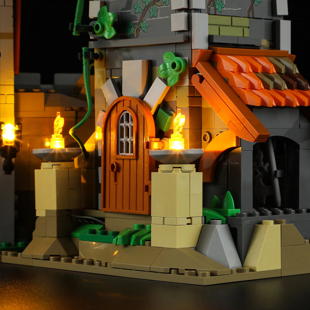 Funwhole Medieval Watchtower Set F9027 – Illuminated entrance with torches and rustic door in a medieval castle tower scene