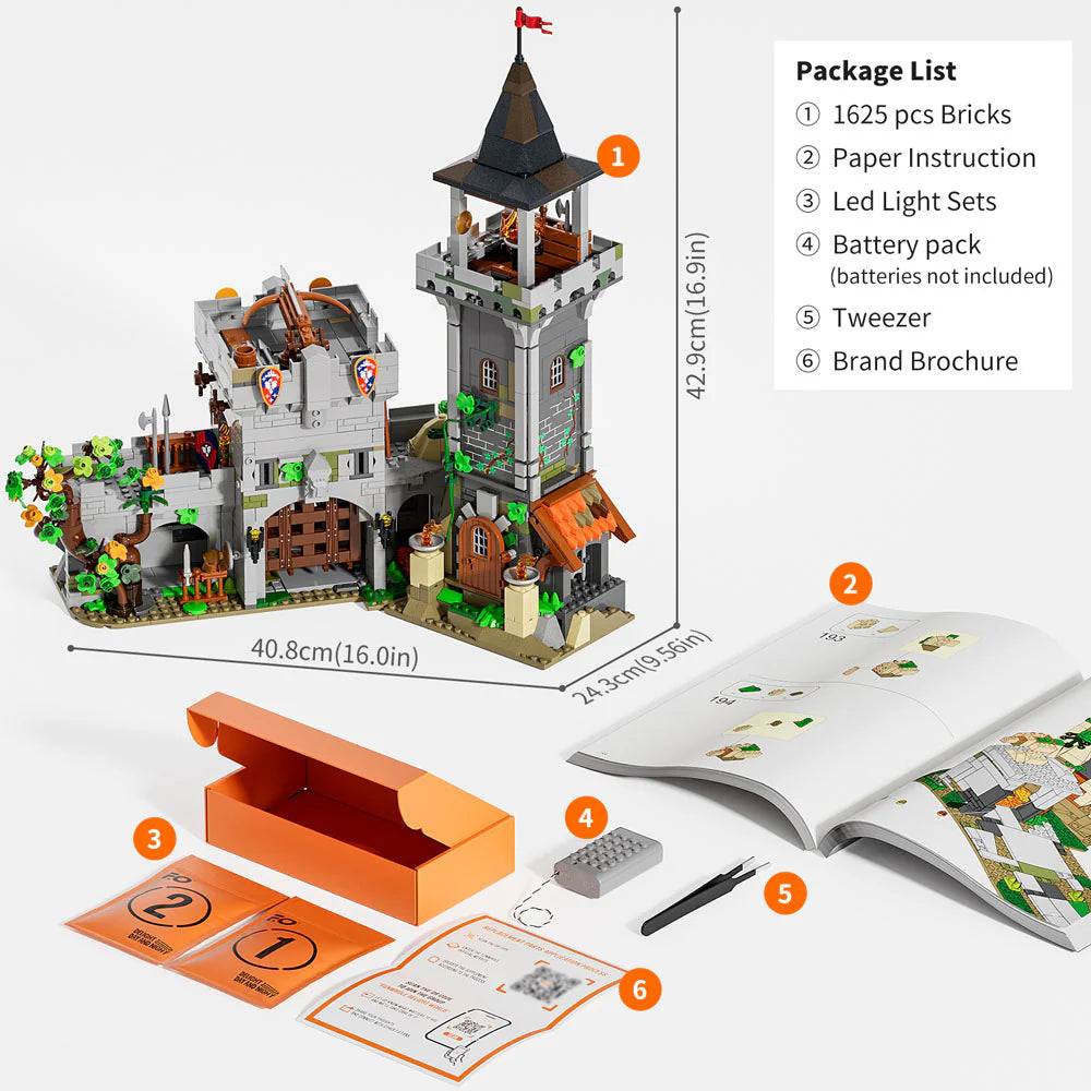Funwhole Medieval Watchtower set package includes 1625 bricks, LED lights, instructions, battery pack, tweezers, and brochure