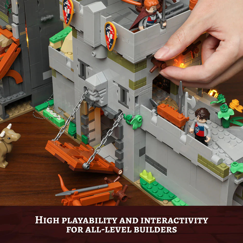 Funwhole Medieval Watchtower set with interactive drawbridge, knights, and realistic castle elements for all-level builders