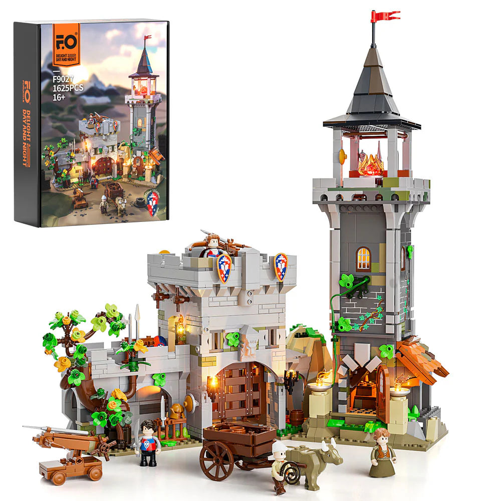 Funwhole Medieval Watchtower Set F9027 – A 1625-piece medieval-themed building set with a castle gate, minifigures, and LED lights