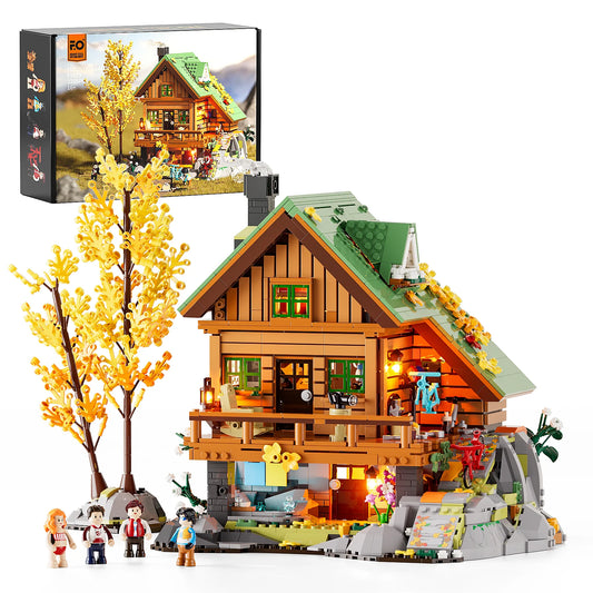 Funwhole Mountain Cabin – A cozy 2134-piece building set with LED lights, detailed interiors, and autumn scenery for a warm display