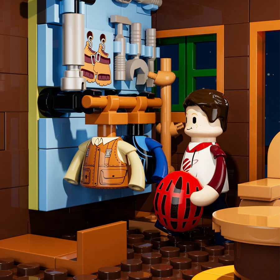 Funwhole Mountain Cabin – Minifigure holding a red helmet, preparing for an outdoor adventure with gear and tools on the wall