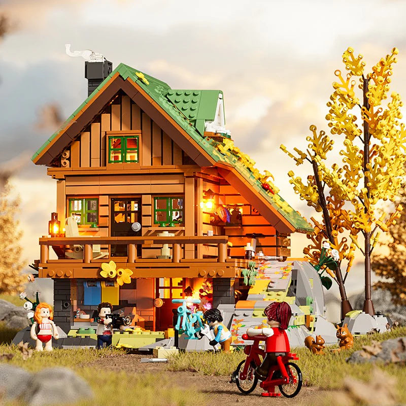Funwhole Mountain Cabin – LEGO outdoor adventure with cycling, hot spring, and cozy lights in a scenic autumn forest setting