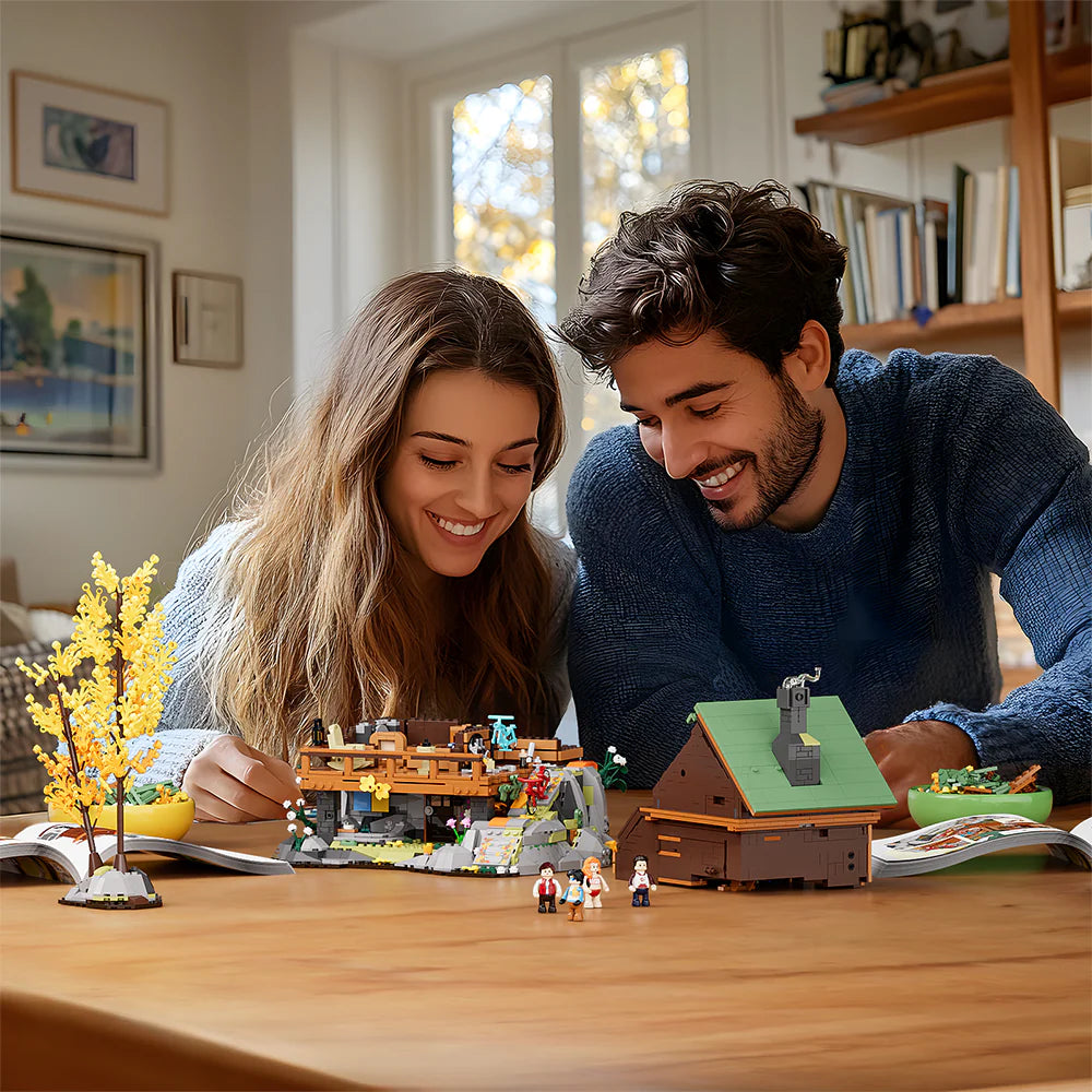 Funwhole Mountain Cabin set being built by a happy couple, enjoying a cozy indoor activity with detailed nature-inspired design