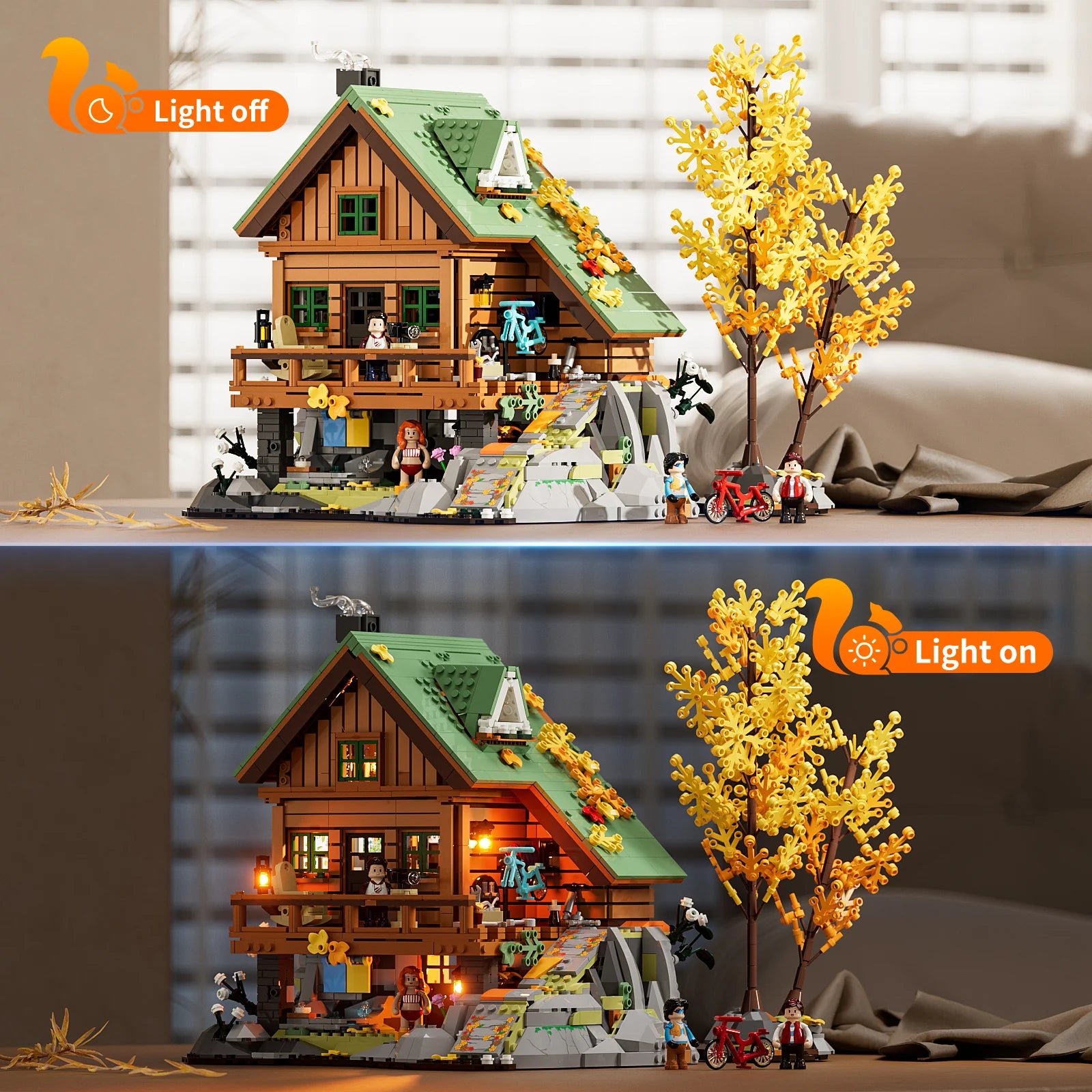 Funwhole Mountain Cabin set displayed with day and night lighting effects, showcasing warm LED lights and intricate details