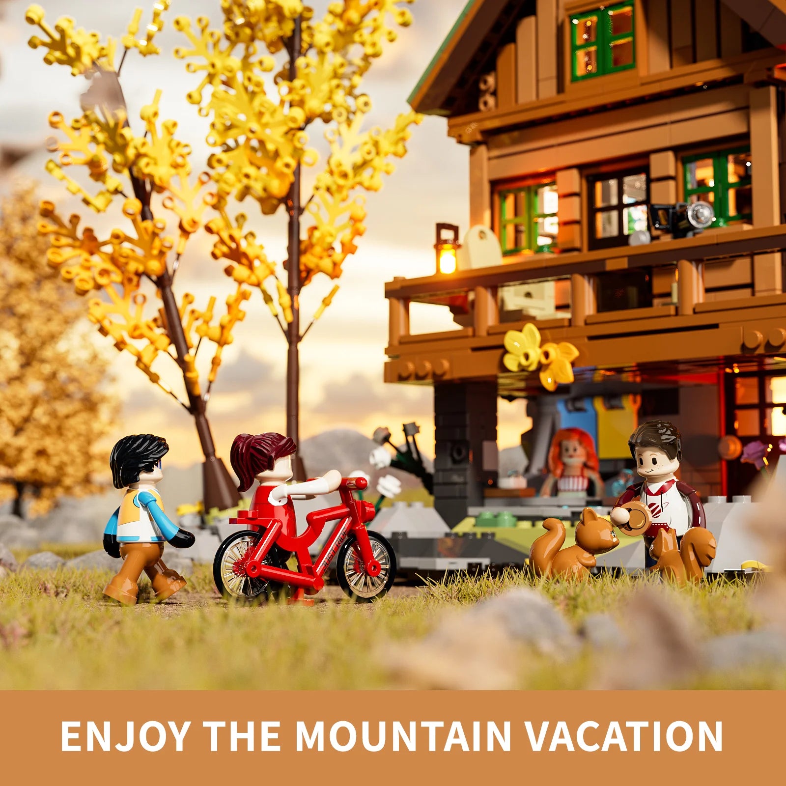 Funwhole Mountain Cabin set with mini-figures enjoying an outdoor mountain vacation, featuring biking and wildlife interaction