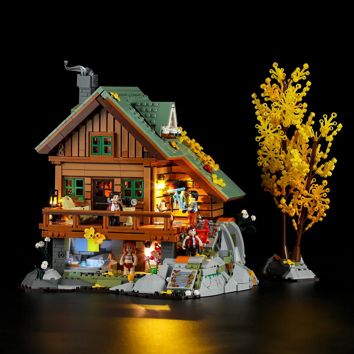 Funwhole Mountain Cabin – Cozy 2134-piece lodge with LED lights, autumn scenery, and detailed interiors for a warm nighttime display