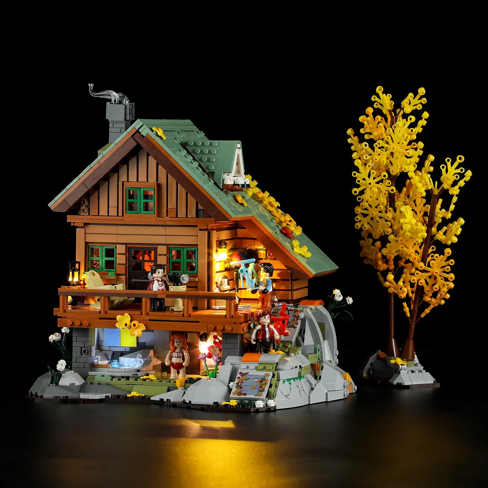 Funwhole Mountain Cabin – Cozy 2134-piece lodge with LED lights, autumn scenery, and detailed interiors for a warm nighttime display