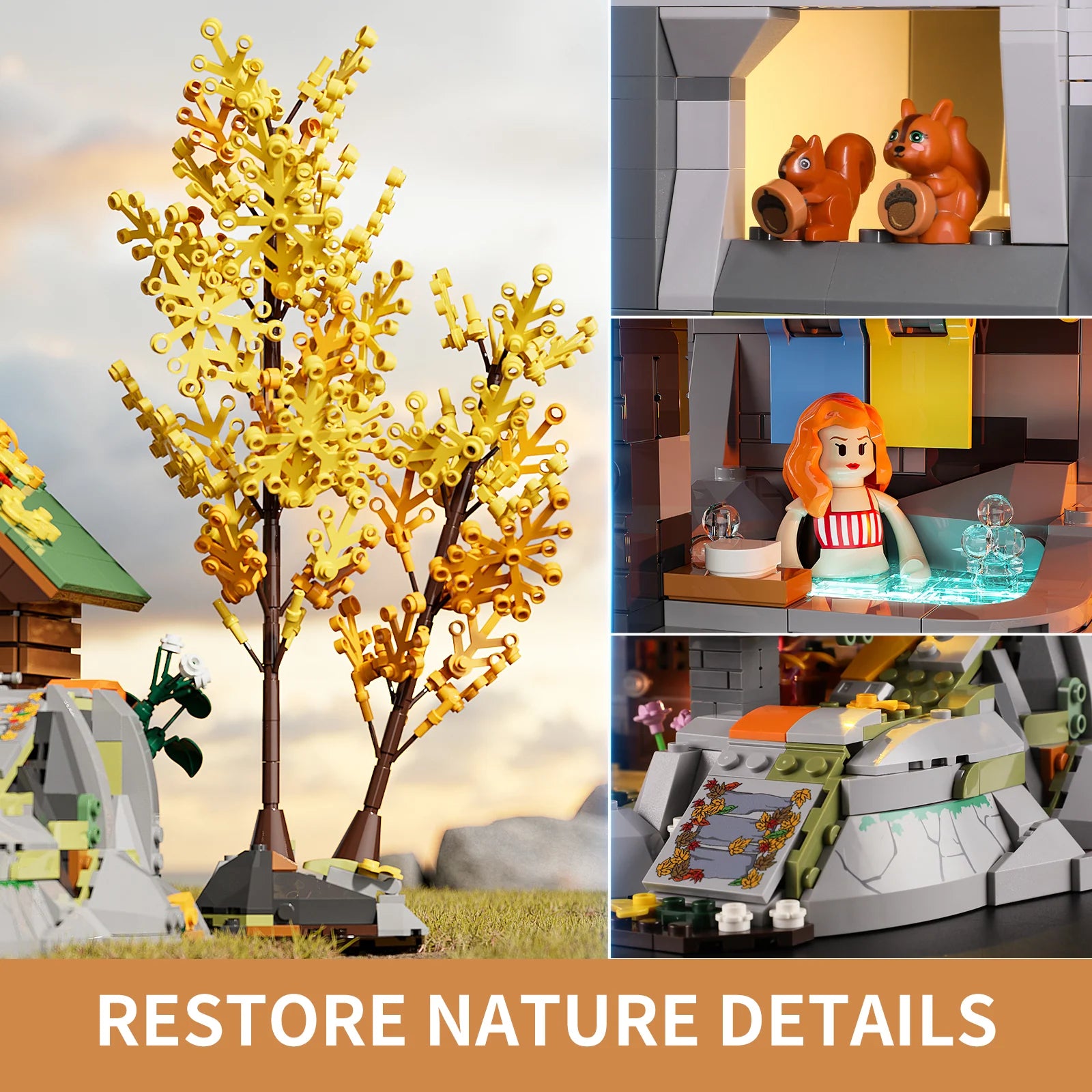 Funwhole Mountain Cabin set showcasing nature details with autumn trees, wildlife, hot spring, and scenic hiking path