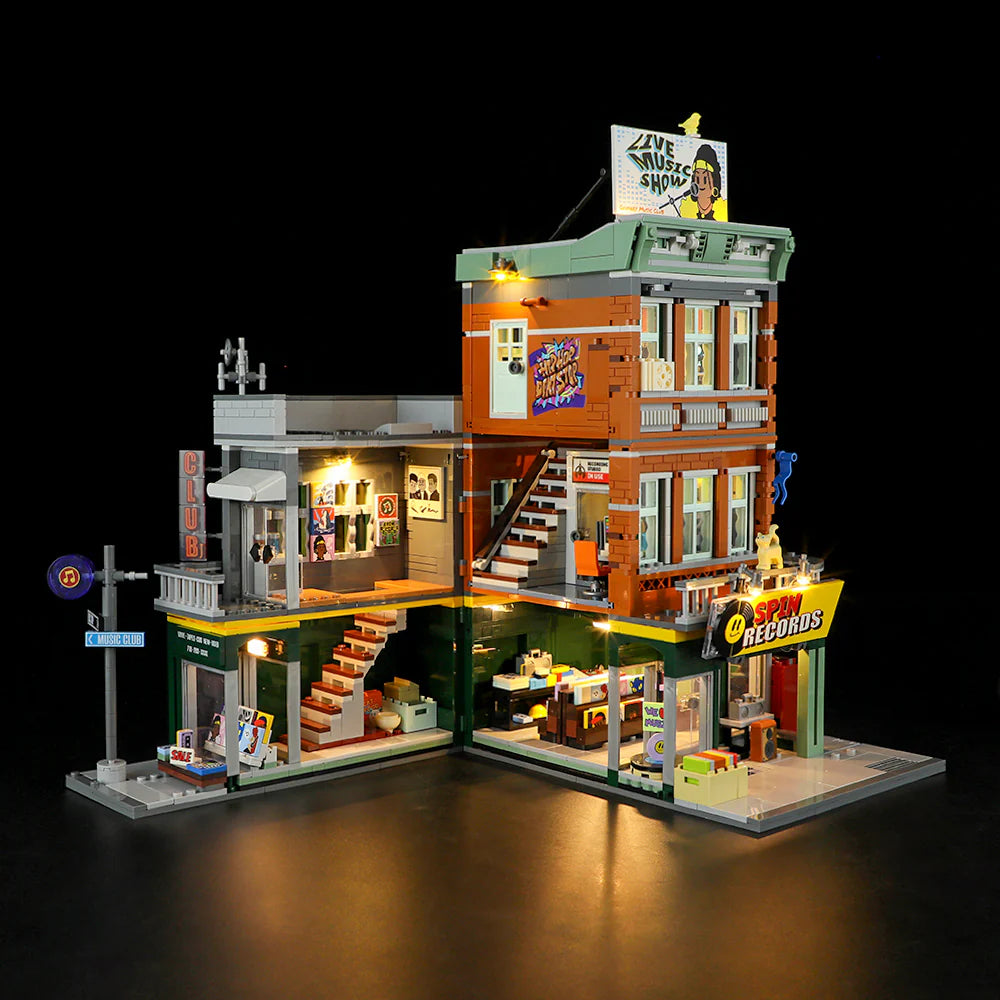 Funwhole Record Store building set with detailed interior, LED lights, music shop, and club area, inspired by retro music culture
