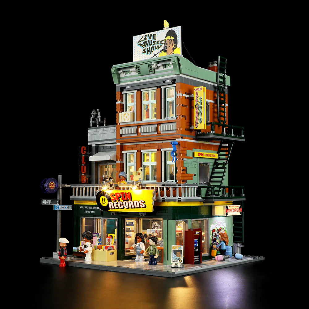Funwhole Record Store building set with LED lights, music shop, and club area, capturing retro vibes and city life details