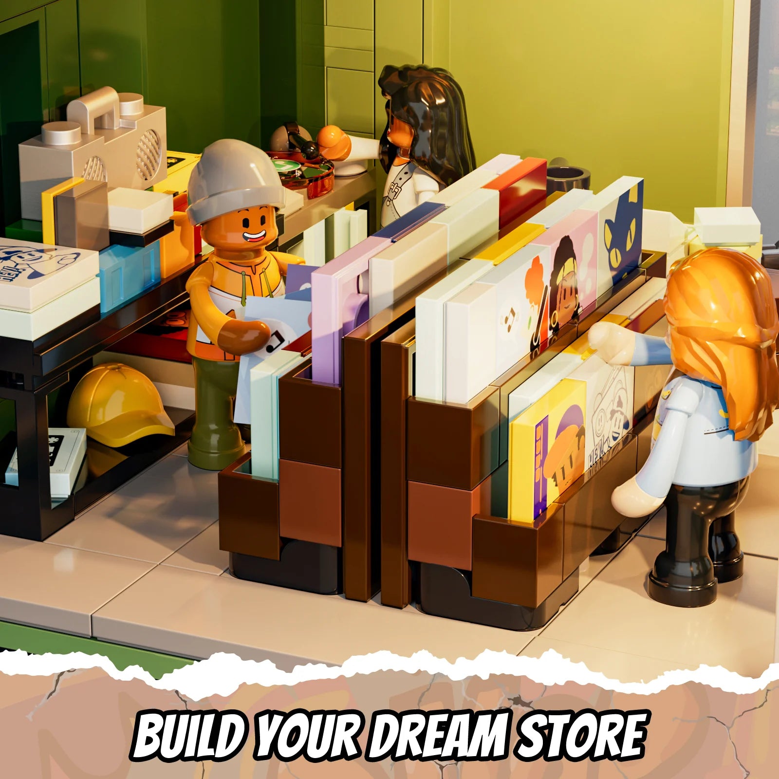 Funwhole Record Store building set featuring a detailed vinyl shop interior with mini-figures browsing records and accessories