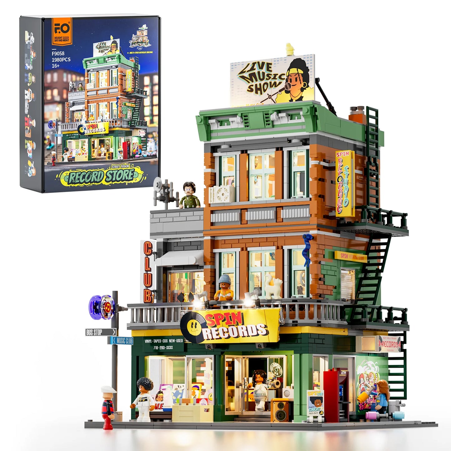 Funwhole Record Store building set with LED lights, detailed architecture, and minifigures, inspired by vintage music shops