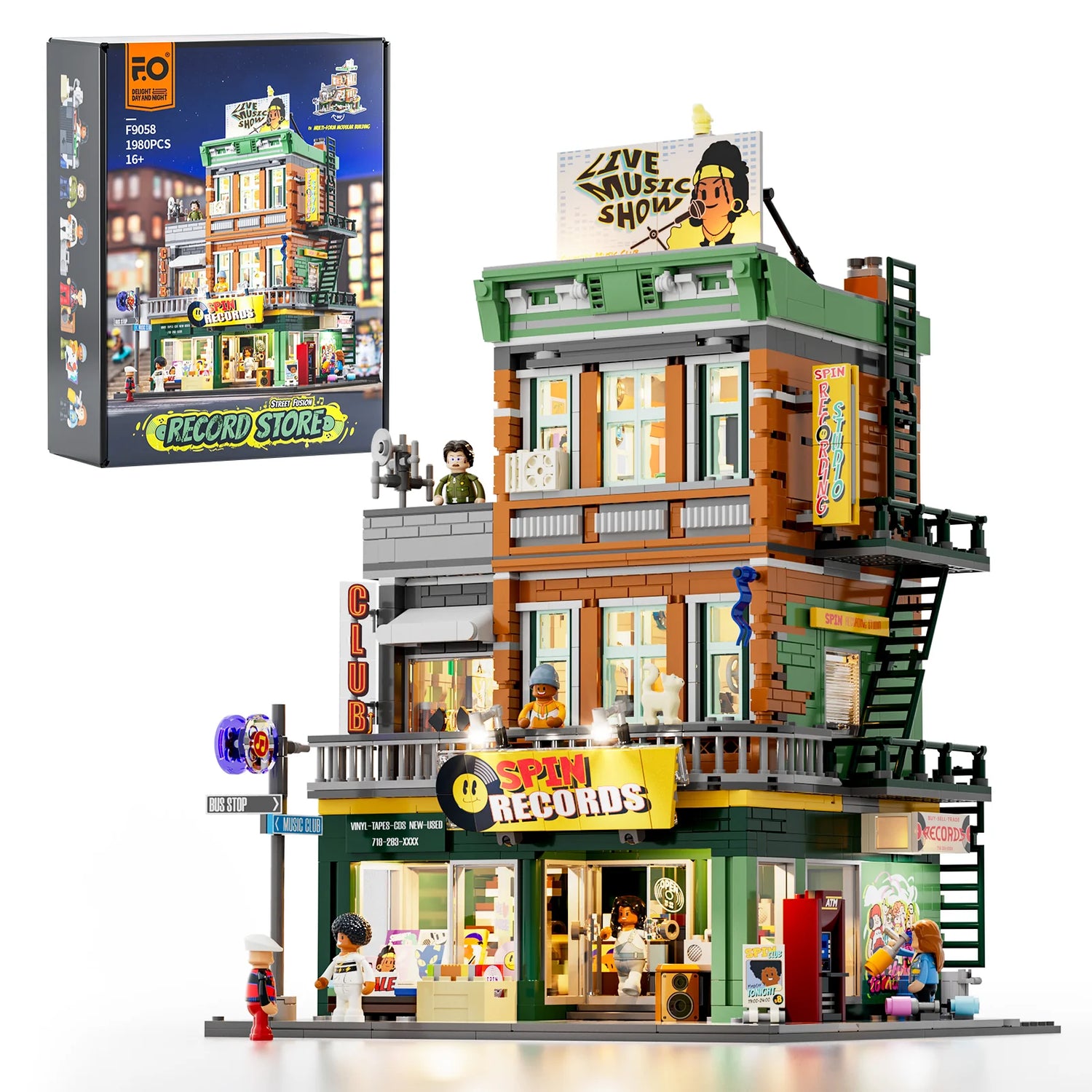 Funwhole Record Store building set with LED lights, detailed architecture, and minifigures, inspired by vintage music shops
