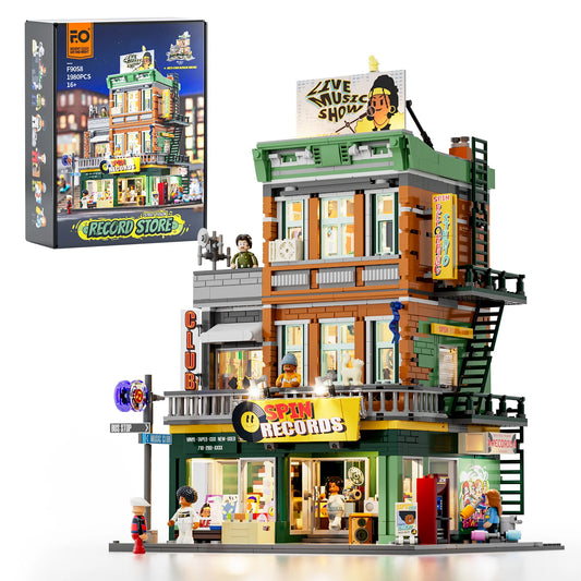 Funwhole Record Store building set with LED lights, detailed architecture, and minifigures, inspired by vintage music shops